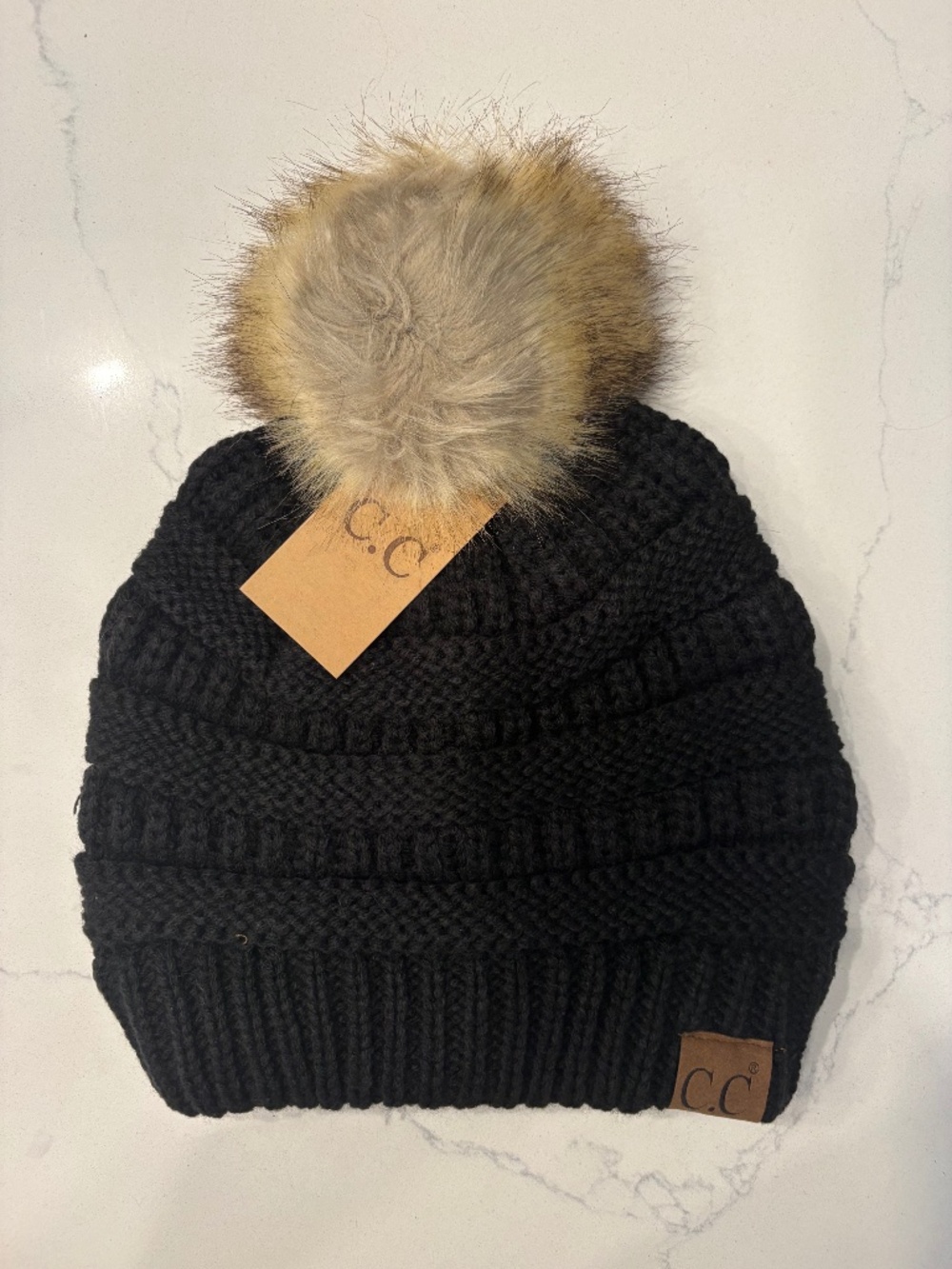 C.C Black Knitted Hat with Fur Pom Pom